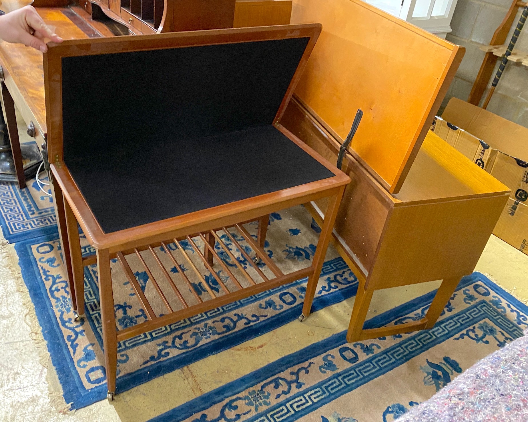 A mid century teak dressing table, width 147cm, depth 43cm, height 112cm, together with a stool, chest and folding card table
